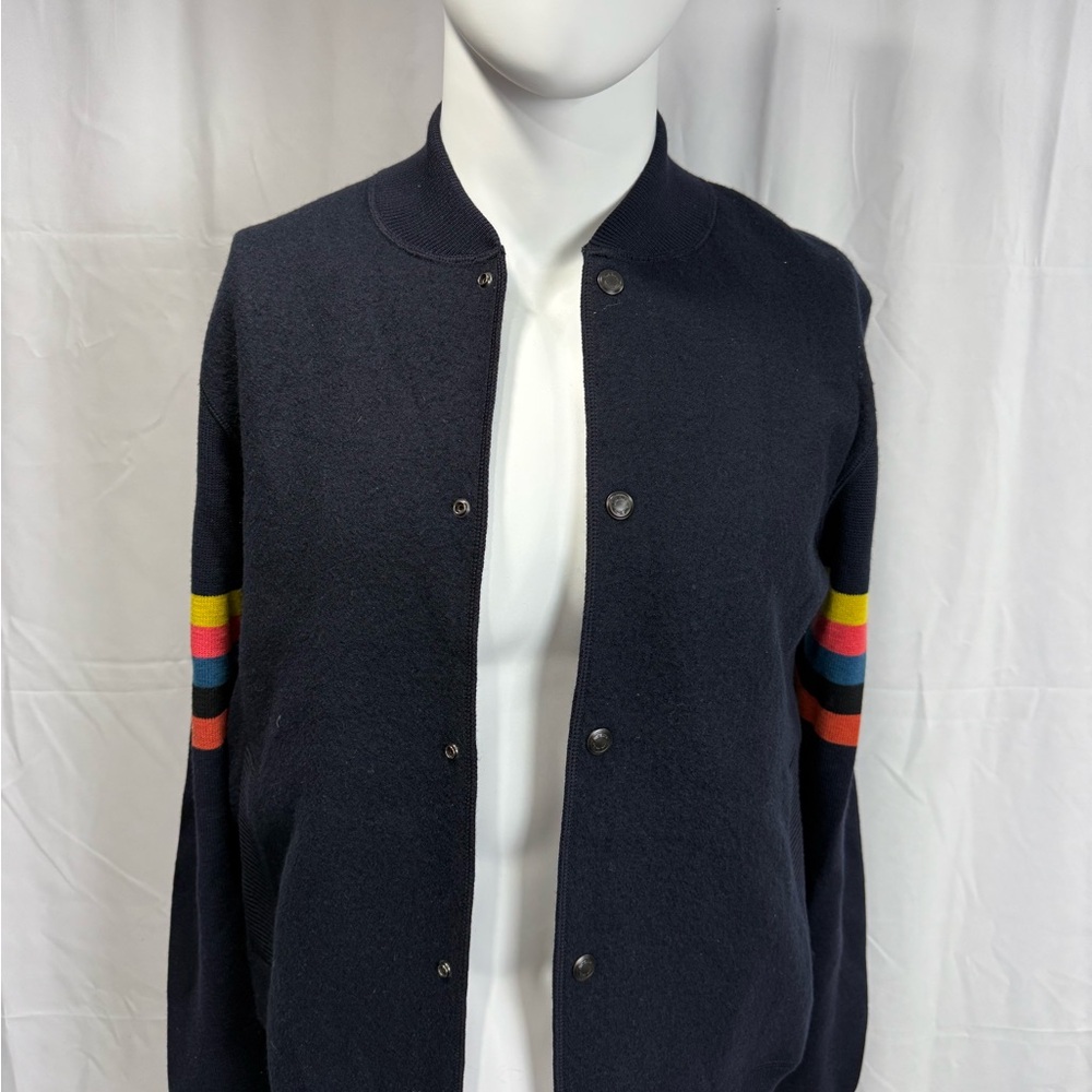 Navy Blue Varsity Jacket with Rainbow Stripes 100% Wool